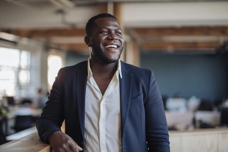Black man smiling in modern open-plan office interior