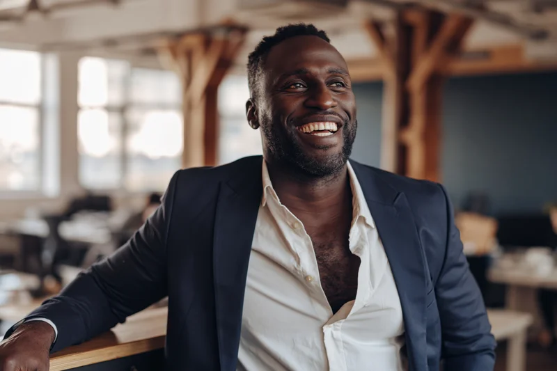 Smiling black man in suit leaning on desk in modern open-plan office
