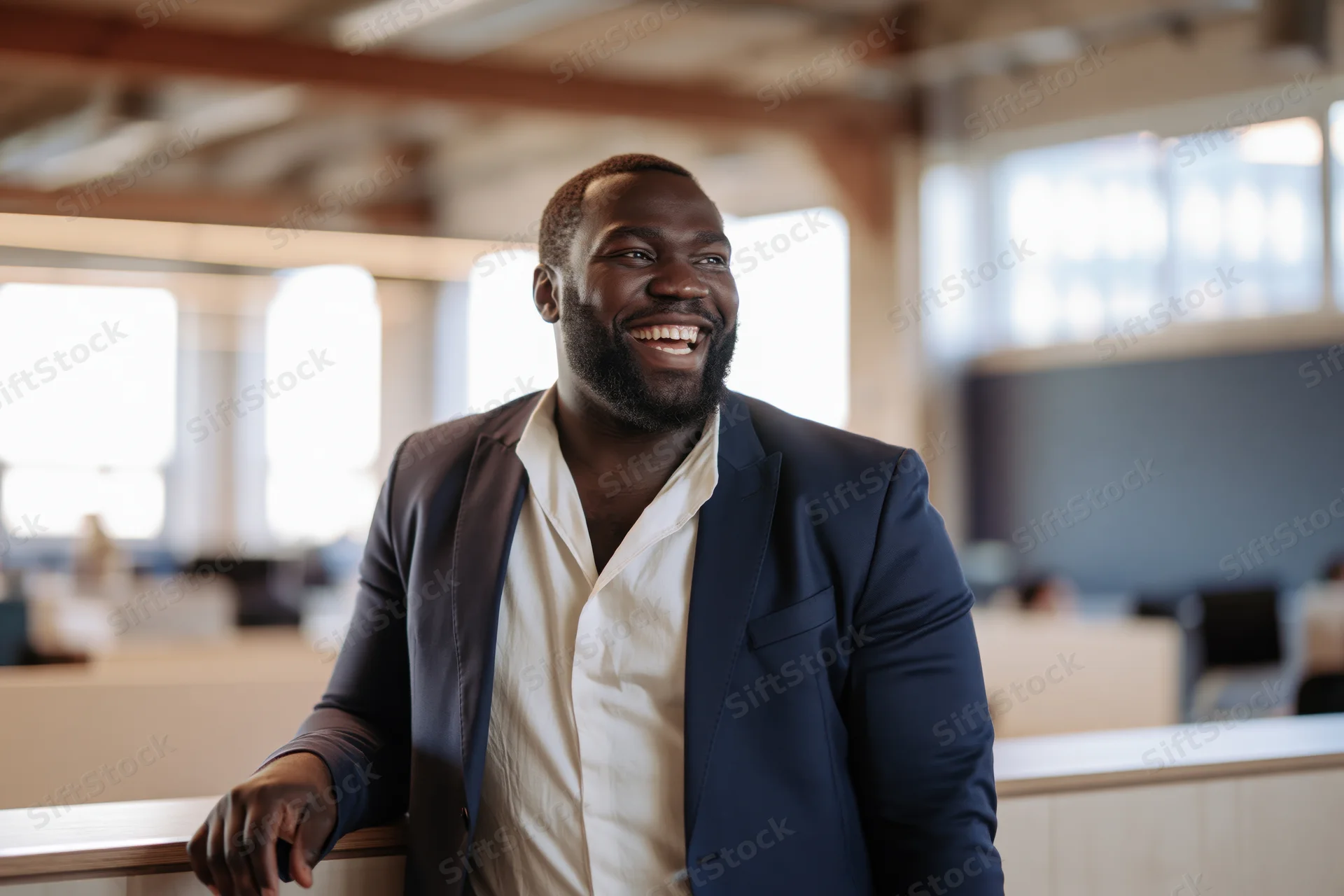 Black man smiling in modern open-plan office interior