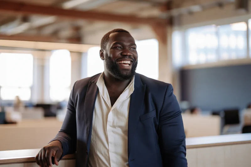 Black man smiling in modern open-plan office interior