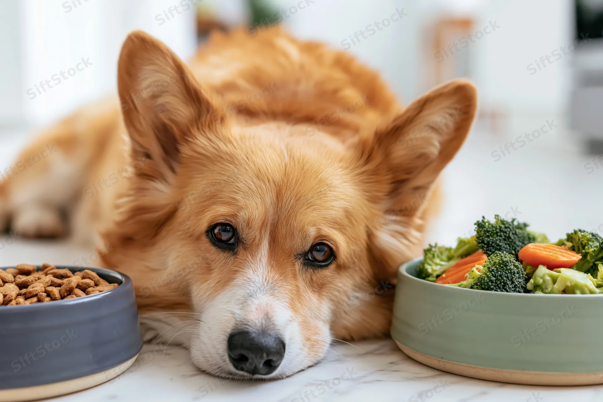Pembroke welsh corgi lying on white marble floor between two bowls of food and vegetables