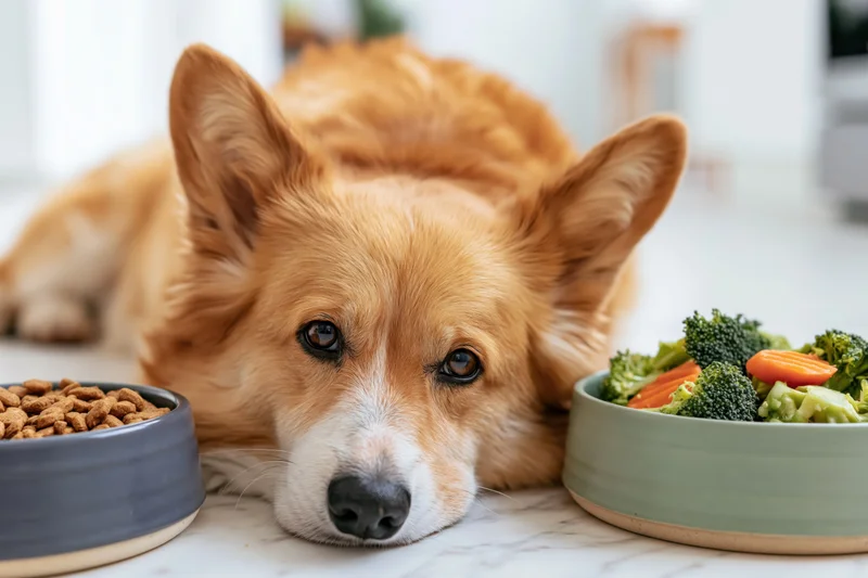 Pembroke welsh corgi lying on white marble floor between two bowls of food and vegetables