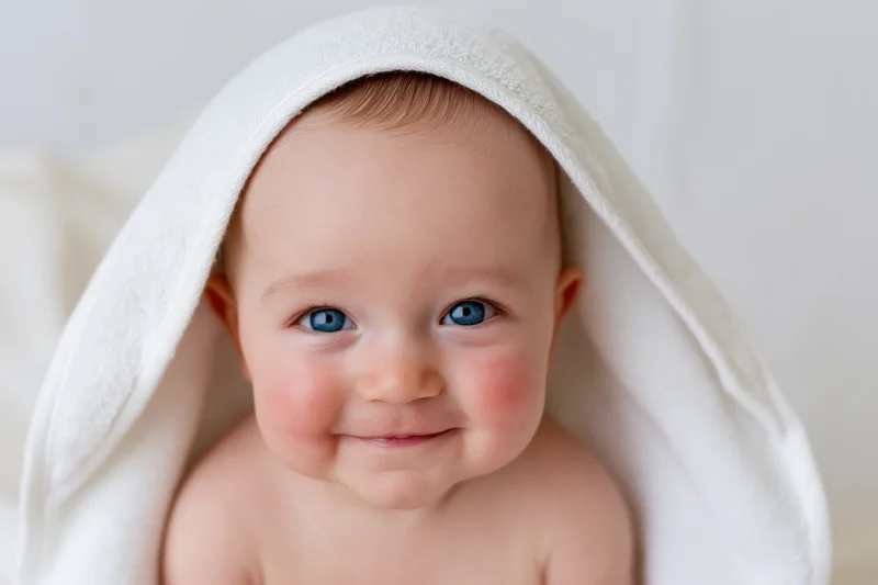Baby wrapped in white towel smiling at camera with bright blue eyes