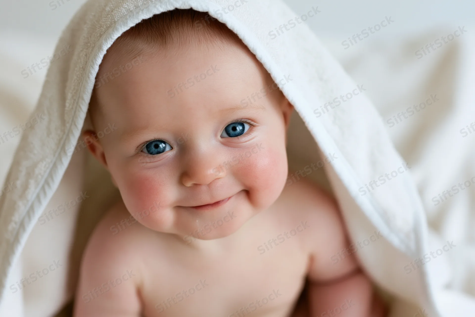 Baby with bright blue eyes smiling under a white towel indoors