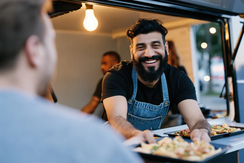 Bearded man in denim apron smiling while serving food from food truck window to customer