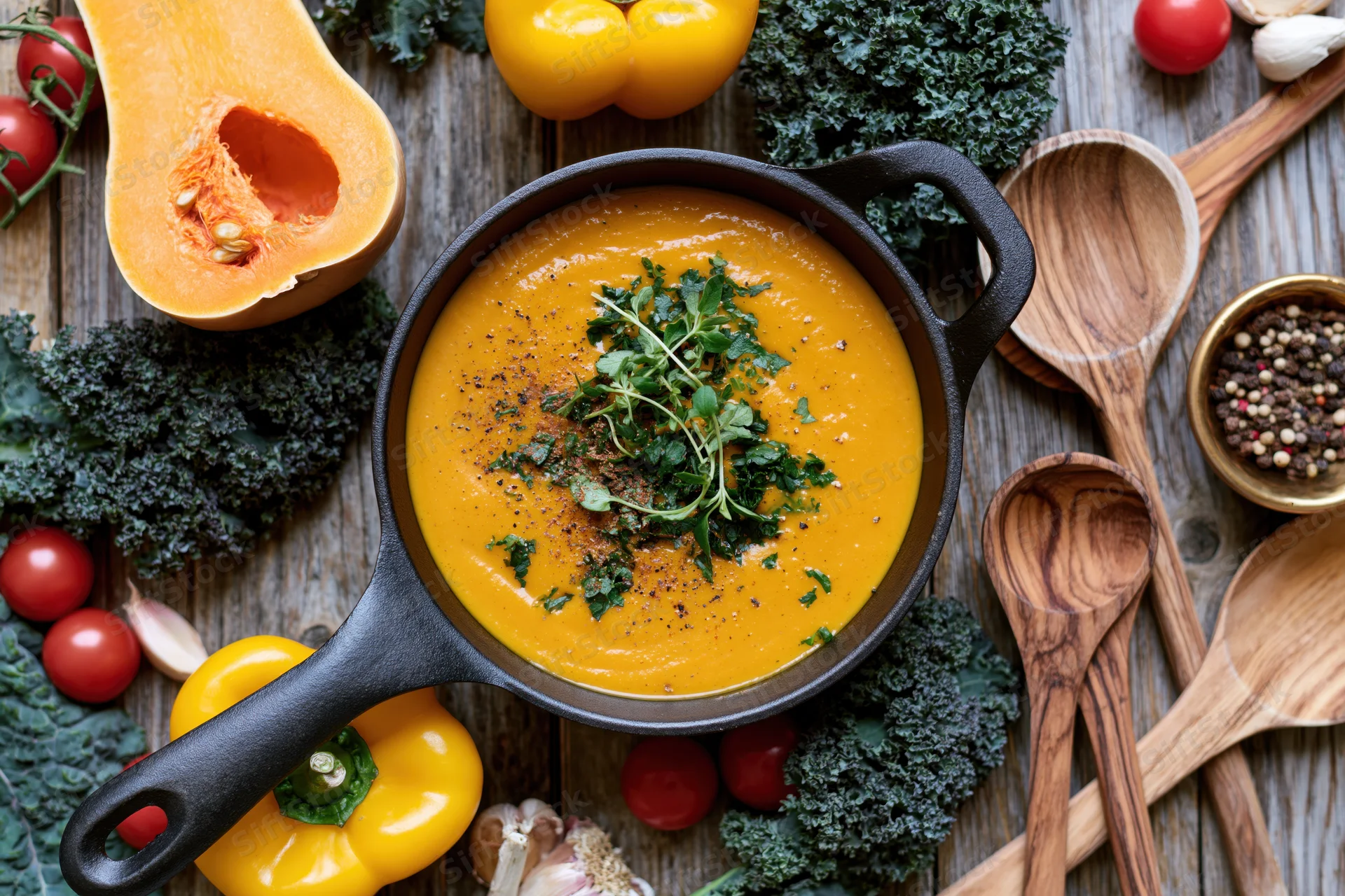 Creamy pumpkin soup in a cast iron pot garnished with herbs surrounded by vegetables on a wooden table