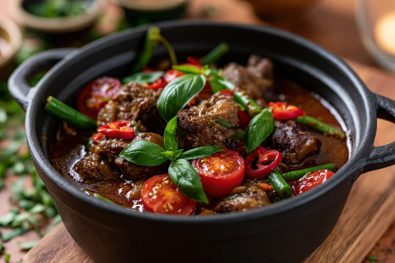 Dark cast iron pot filled with meat and vegetable stew garnished with basil and tomatoes on wooden table