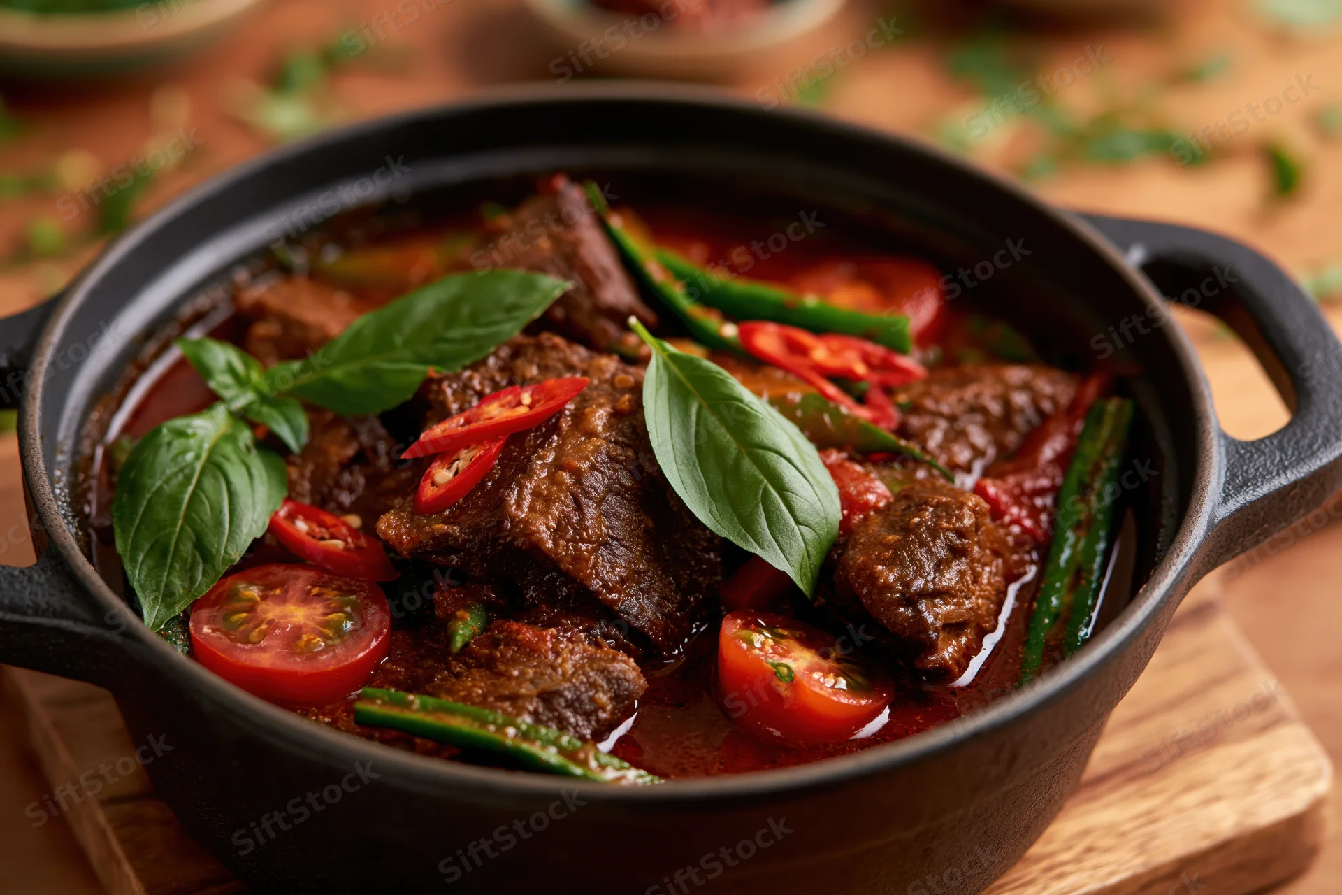 Beef stew with tomatoes, chili, and basil in a cast iron pot on a wooden board