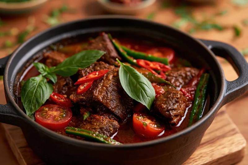 Beef stew with tomatoes, chili, and basil in a cast iron pot on a wooden board