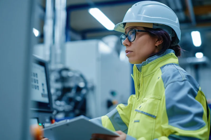 Woman in safety gear monitoring control panel in factory setting