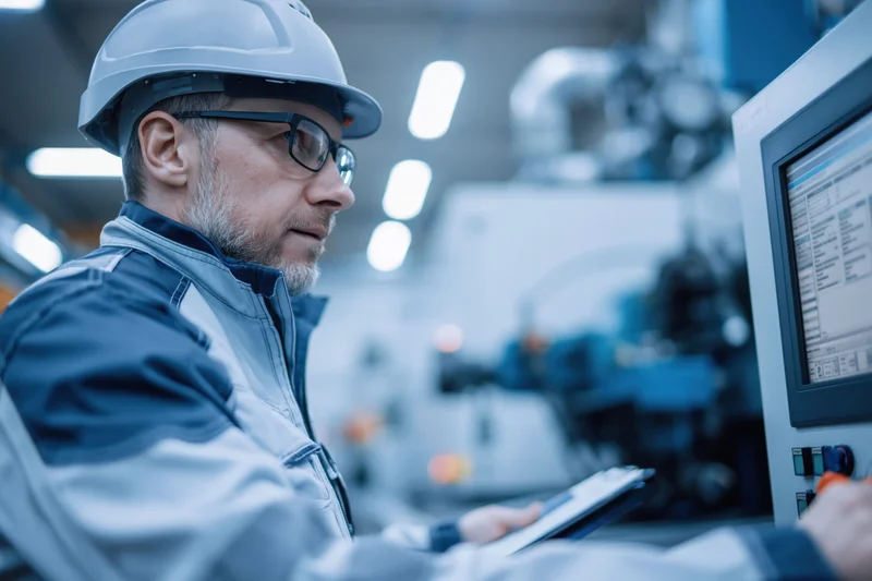 Factory worker monitoring control panel in industrial facility