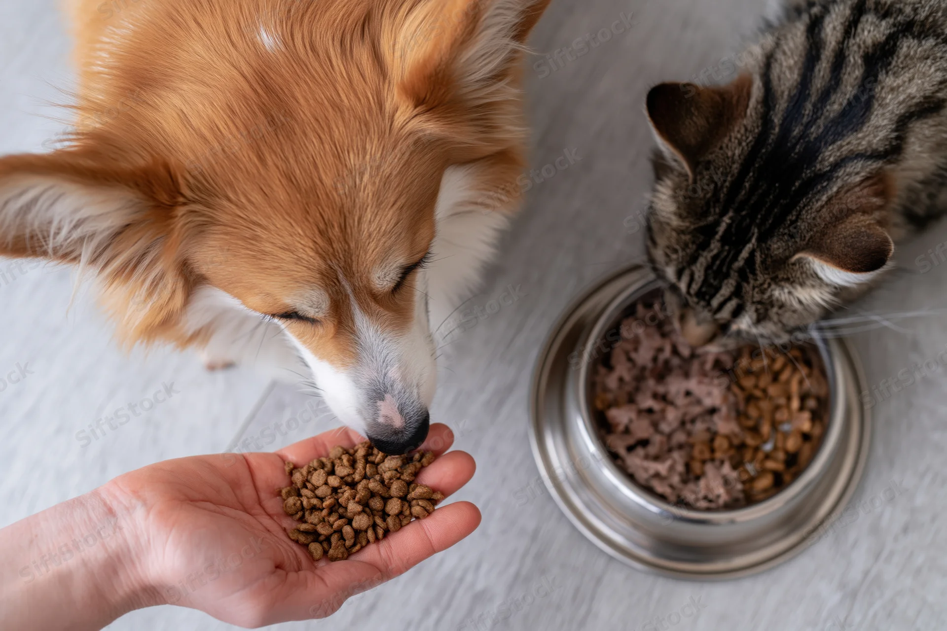 A dog sniffing kibble from a hand while a cat eats from a bowl on the floor