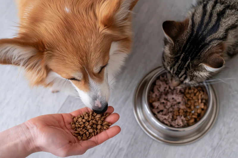 A dog sniffing kibble from a hand while a cat eats from a bowl on the floor