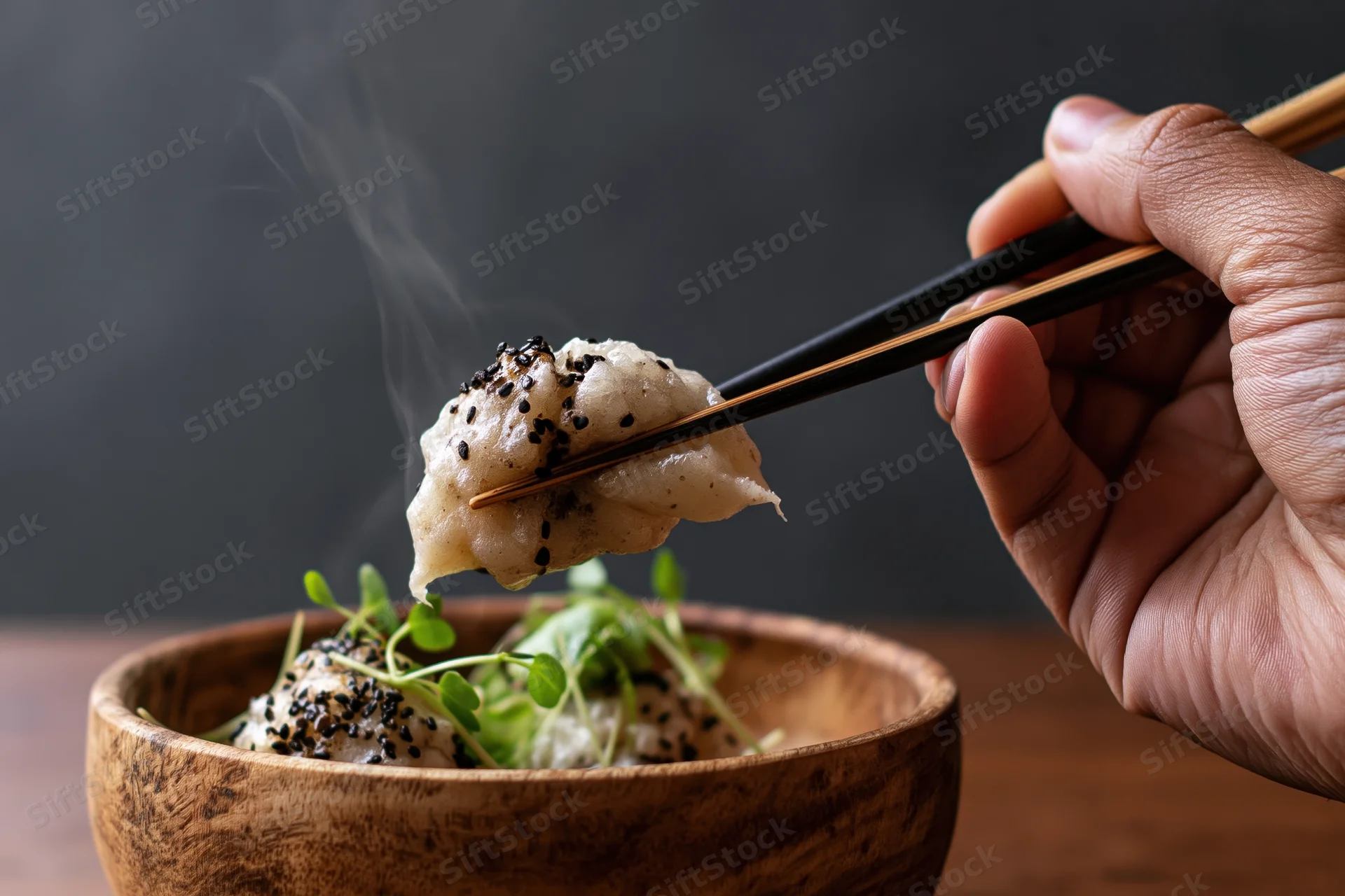 Hand lifting steaming dumpling with chopsticks from wooden bowl