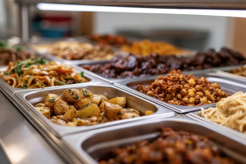 Hot food buffet with multiple stainless steel serving trays arranged in a row on a counter