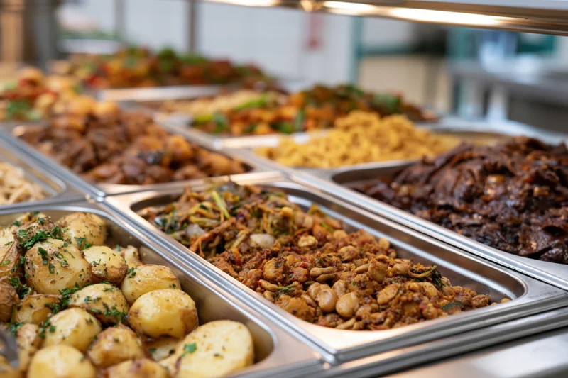 Hot food buffet with multiple stainless steel serving trays arranged in a row on a counter