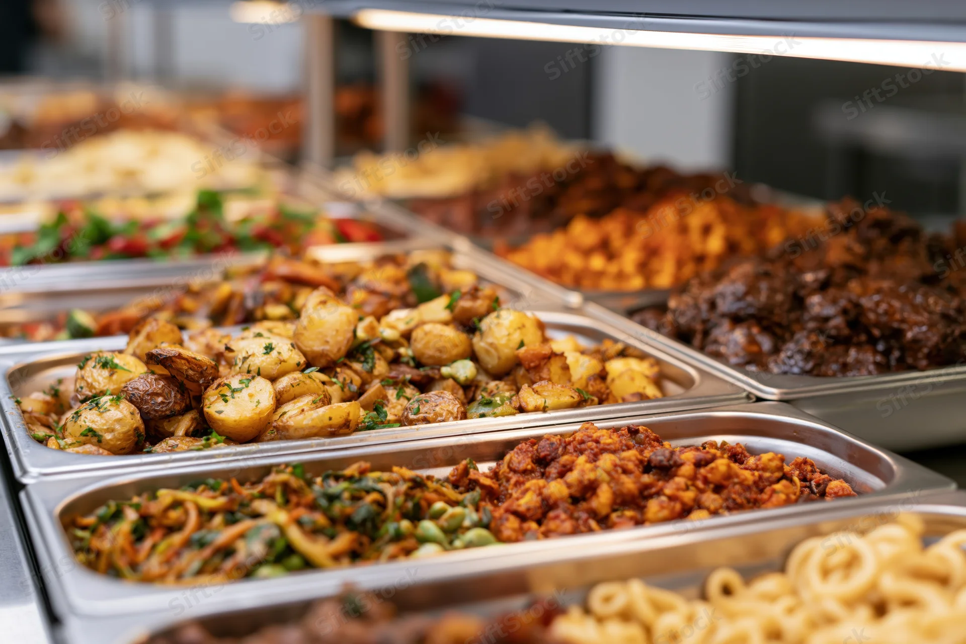 Hot food buffet with stainless steel trays arranged in a row on a serving counter
