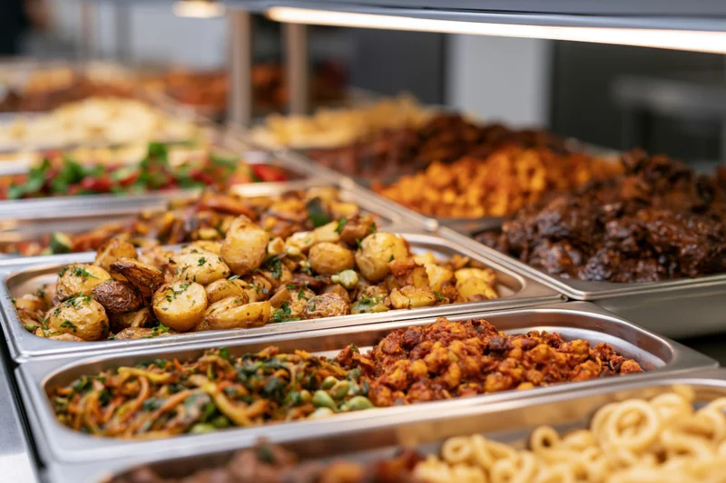 Hot food buffet with stainless steel trays arranged in a row on a serving counter