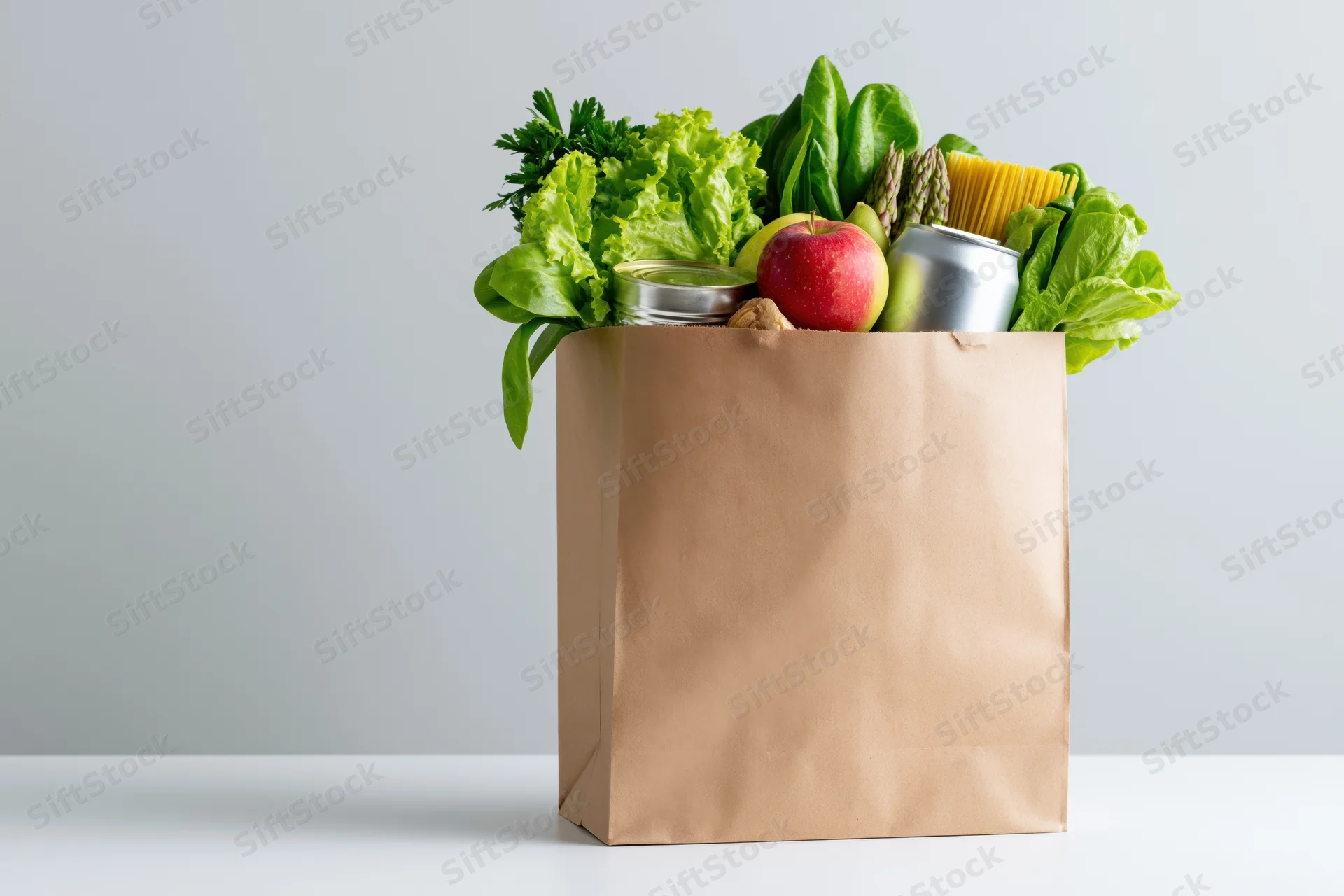 Kraft paper grocery bag filled with fresh vegetables and fruit on a white surface