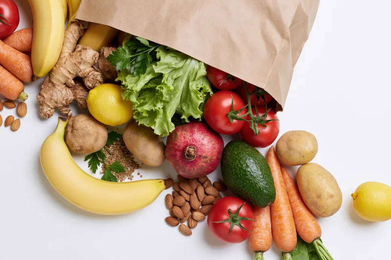 Kraft paper grocery bag tipped over with fresh fruits and vegetables spilling out onto white surface