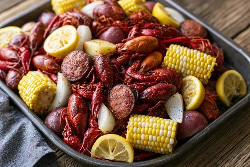 Crawfish boil with corn, sausage, potatoes, and lemon on a metal tray on a wooden table