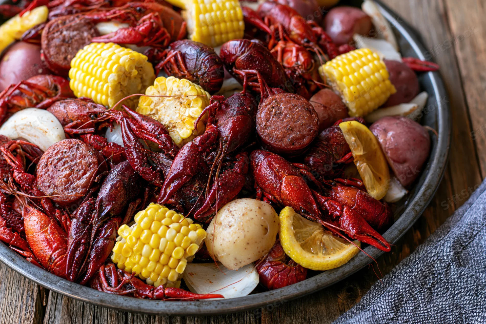 Crawfish boil with corn, sausage, potatoes and lemon on a metal tray on a wooden table