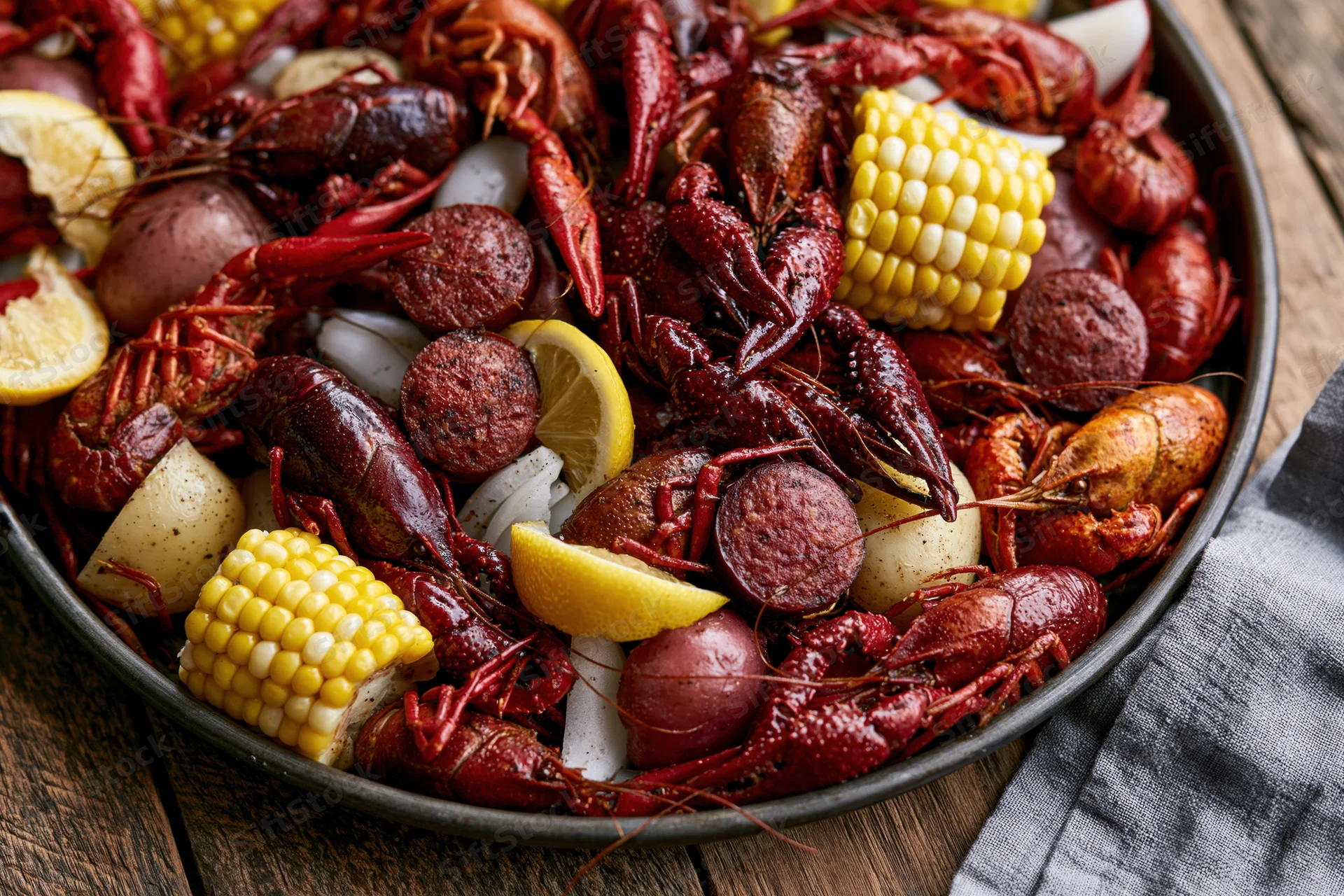 Crawfish boil served in a dark metal tray with corn, potatoes, sausage and lemon on a wooden table
