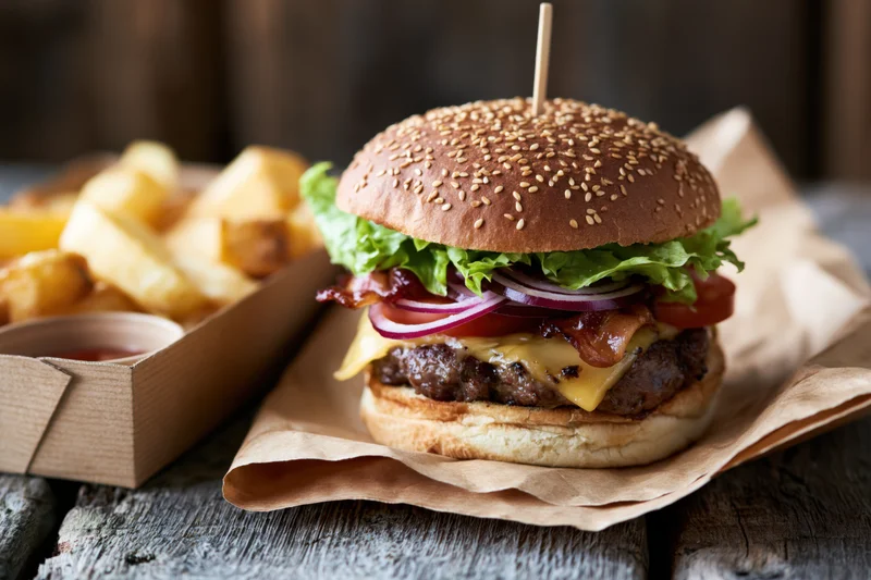 Cheeseburger with lettuce tomato red onion bacon and melted cheese on sesame bun served with fries on wooden table