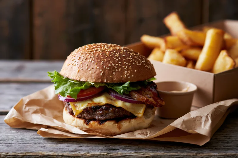 Cheeseburger with lettuce tomato red onion cheese bacon on sesame bun served with fries on wooden table