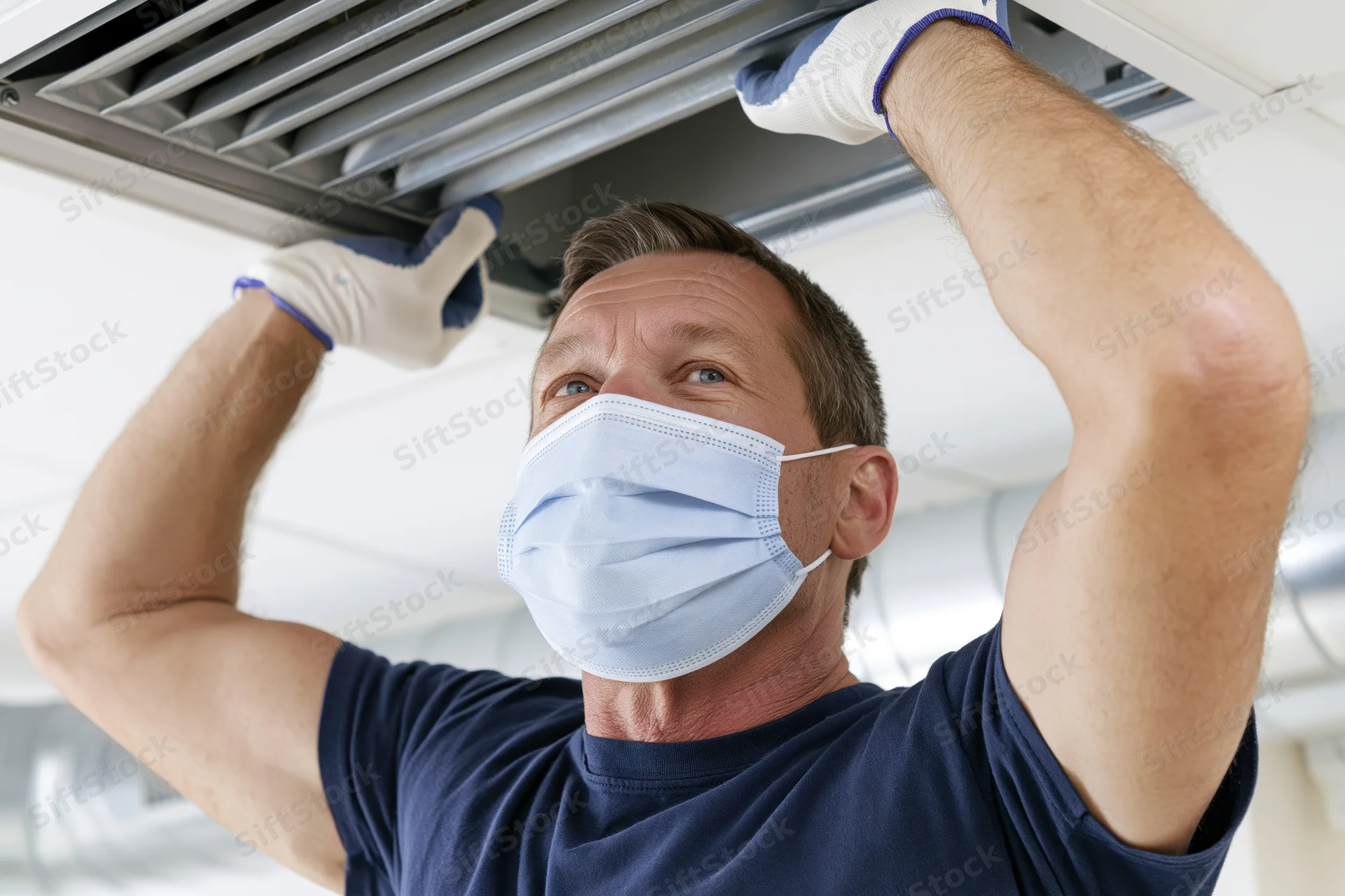 Man in mask and gloves installing ceiling air conditioning unit
