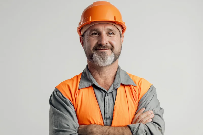 Man in orange hard hat and safety vest with arms crossed smiling in studio
