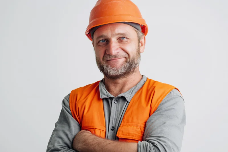 Man in orange hard hat and safety vest smiling with arms crossed against white background