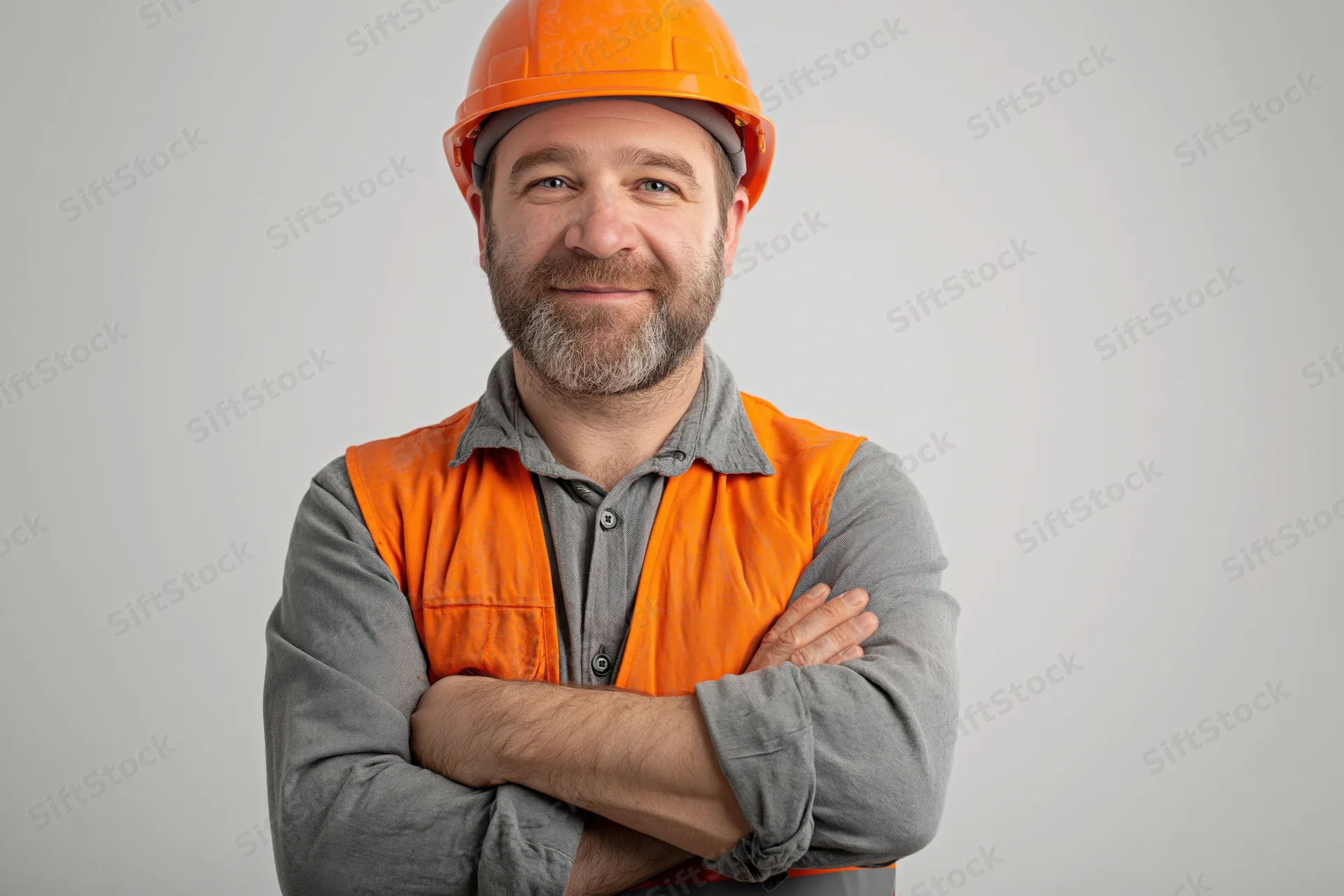 Man in orange hard hat and safety vest with arms crossed smiling at camera