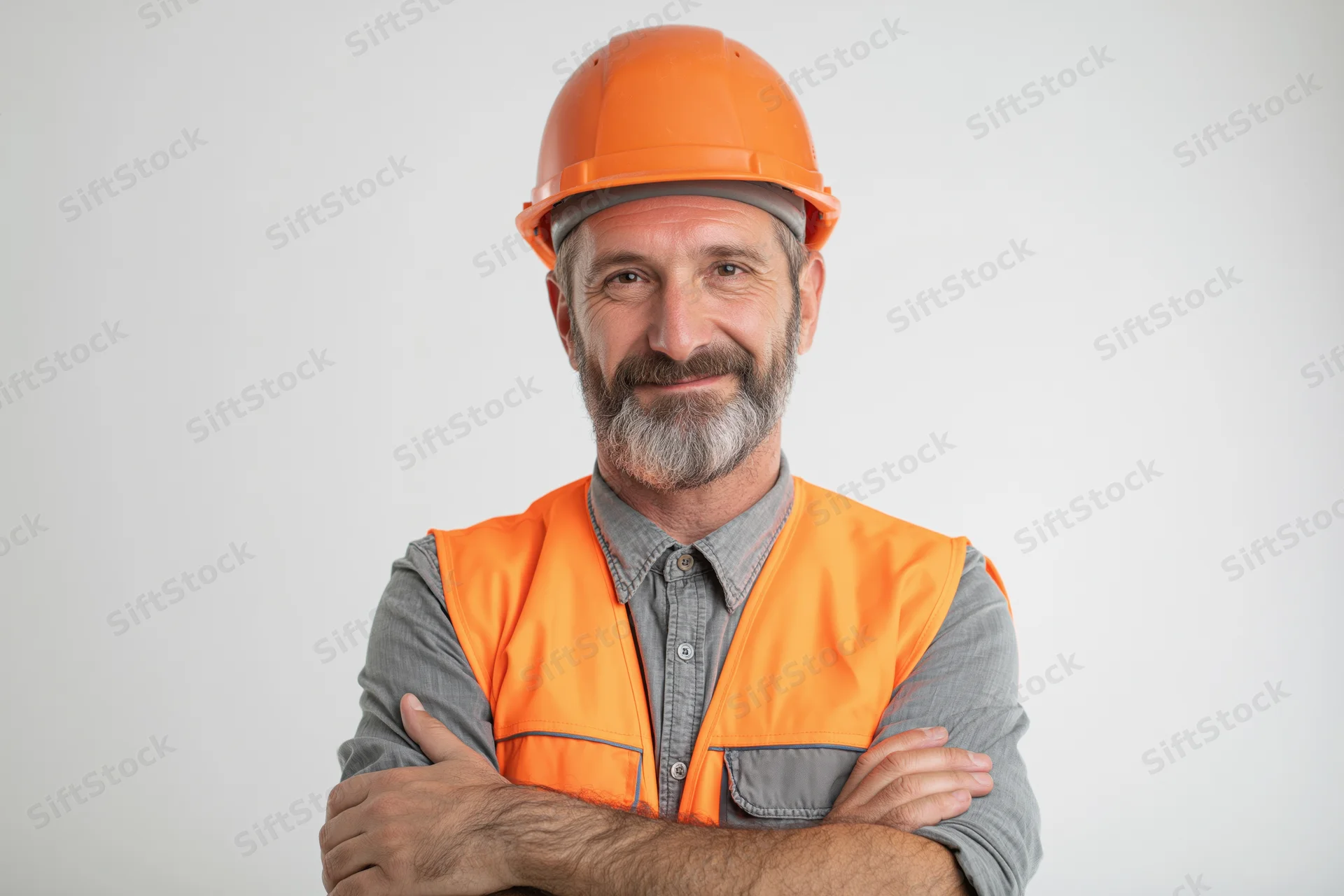 Man in orange hard hat and safety vest with arms crossed, smiling, studio portrait