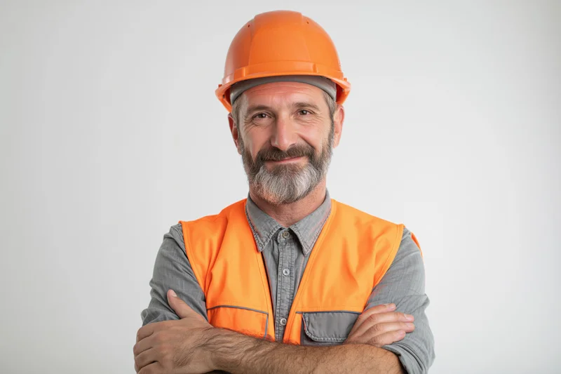 Man in orange hard hat and safety vest with arms crossed, smiling, studio portrait