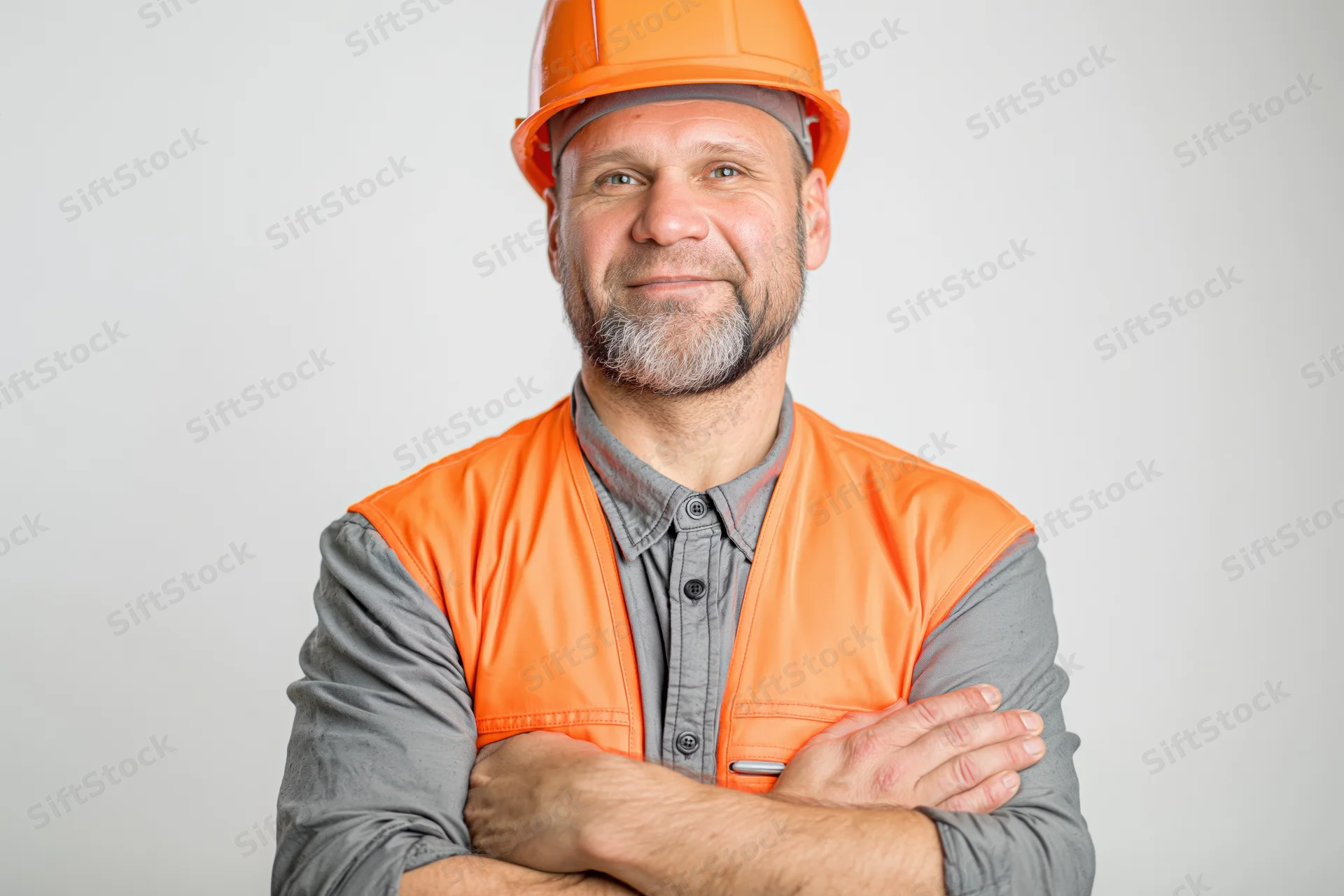 Man in orange hard hat and vest with arms crossed smiling in studio setting