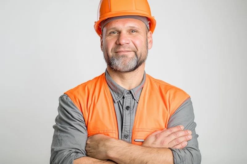 Man in orange hard hat and vest with arms crossed smiling in studio setting