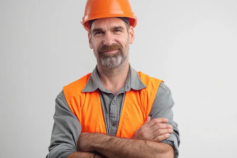 Construction worker in orange hard hat and vest with arms crossed smiling at camera in studio setting
