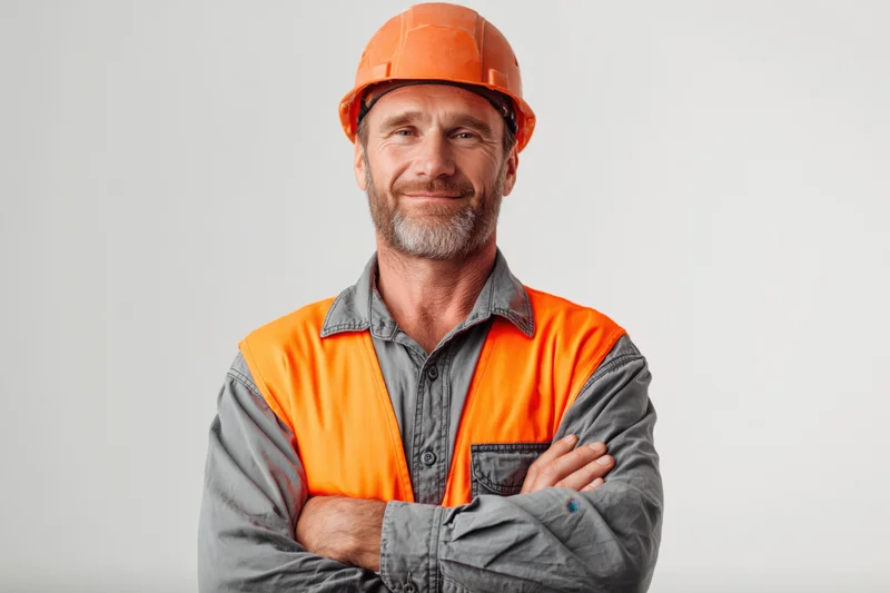 Construction worker in orange safety gear with arms crossed against plain background