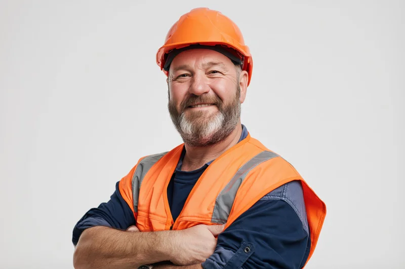 Construction worker in orange safety gear smiling with arms crossed in studio portrait