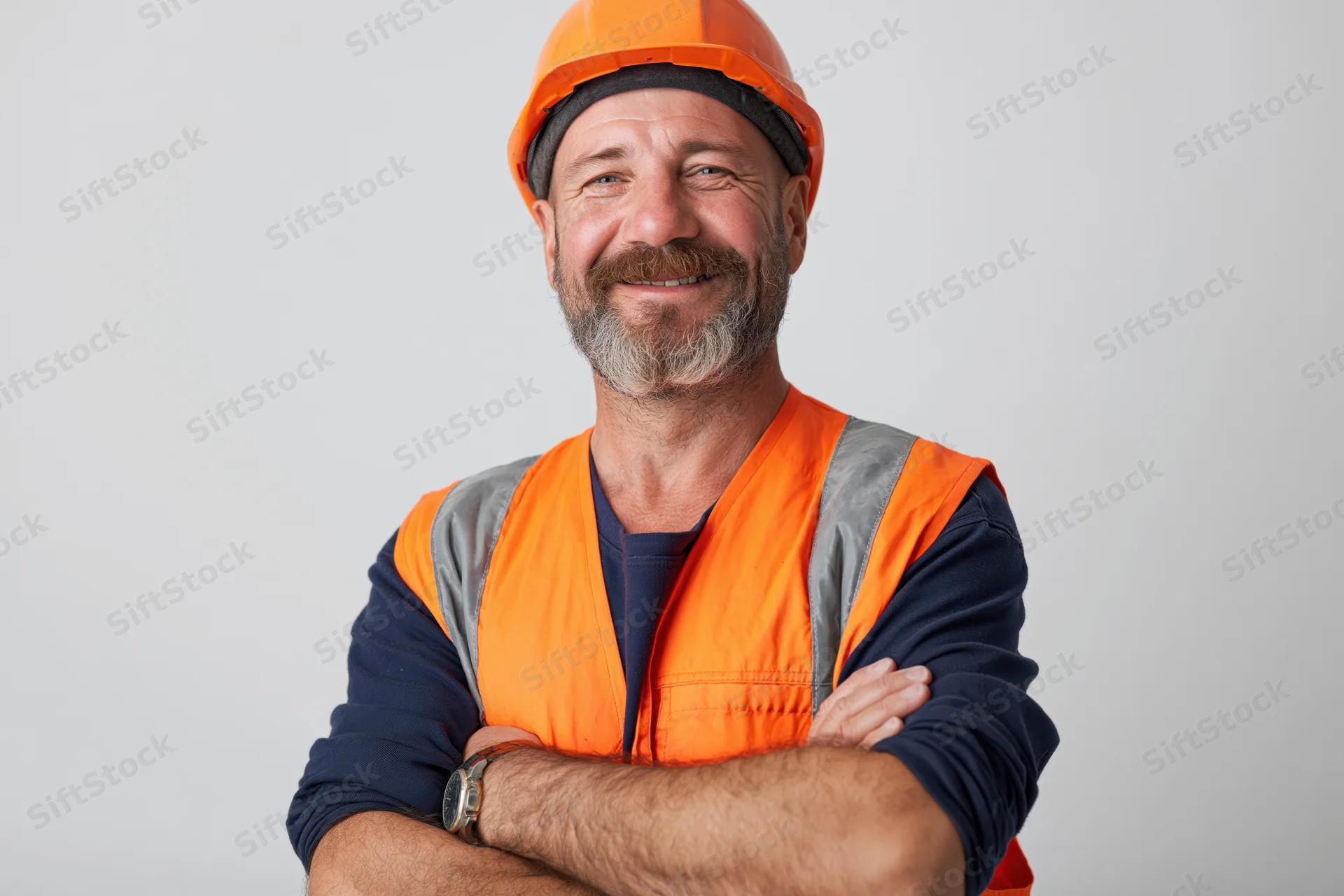 Smiling construction worker with arms crossed wearing orange safety helmet and vest against plain background