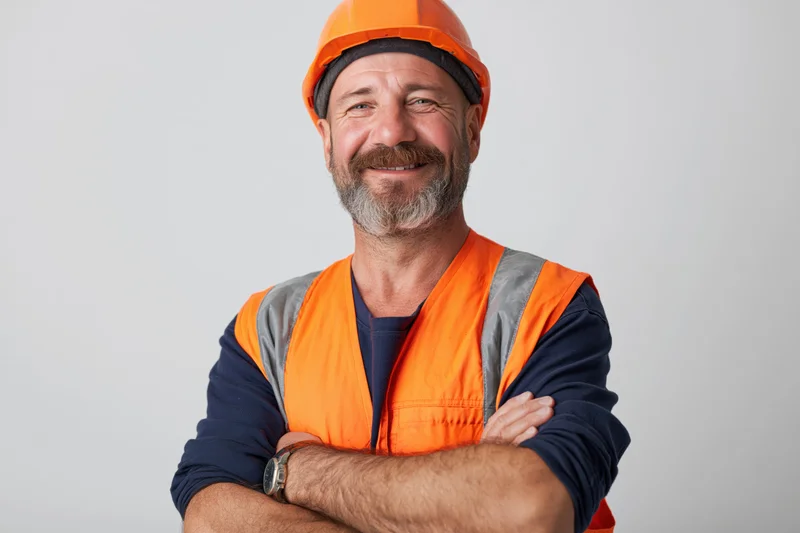 Smiling construction worker with arms crossed wearing orange safety helmet and vest against plain background