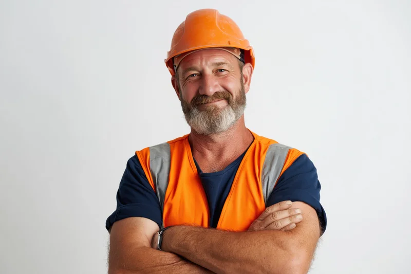 Bearded man in orange safety helmet and vest with arms crossed smiling in studio