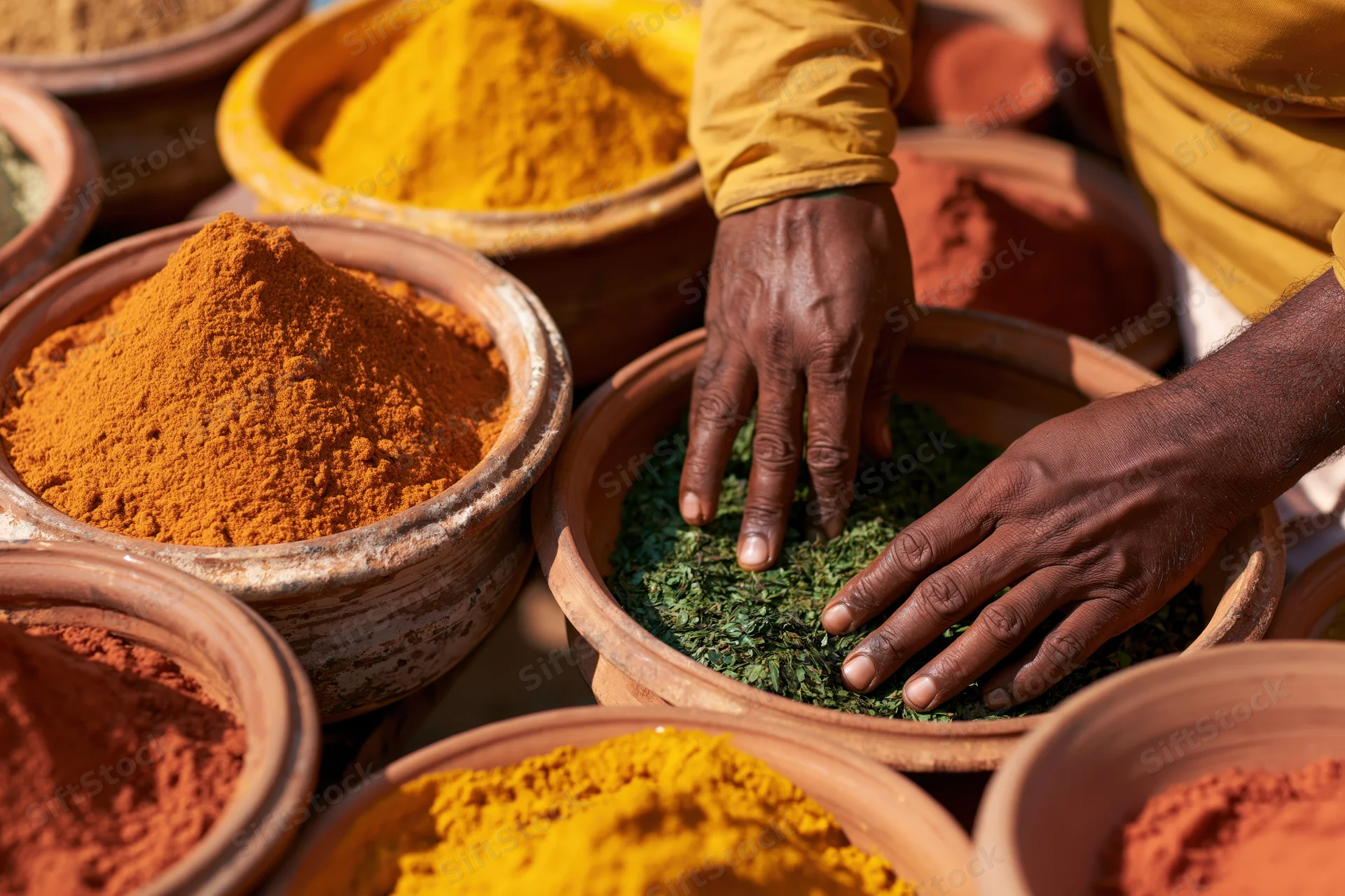 Vendor's hands arranging dried herbs and spices in clay bowls at a market stall