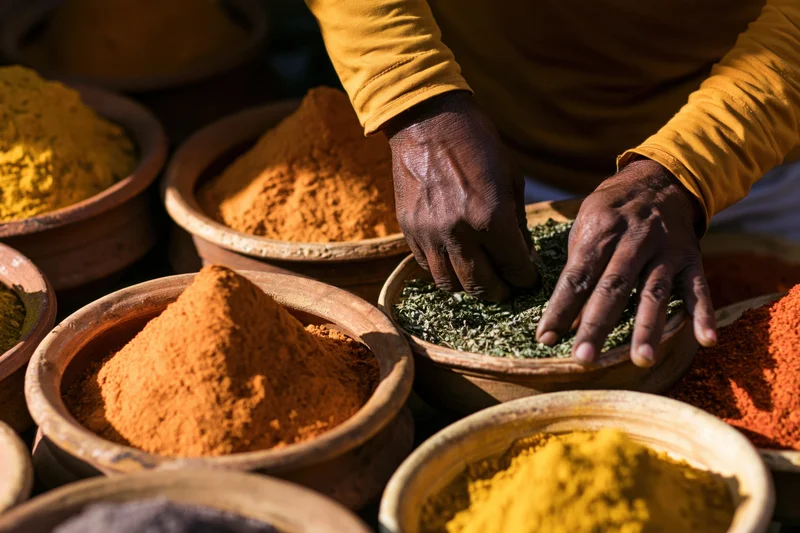 Vendor arranging dried spices and herbs in clay bowls at a market stall