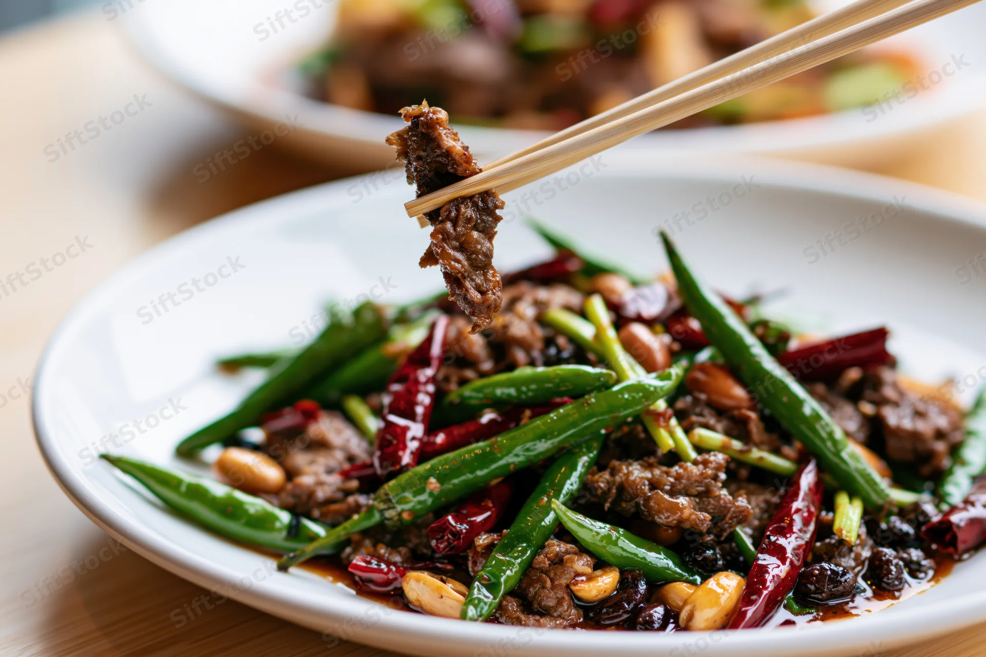 Chopsticks lifting a piece of stir-fried beef above a plate of spicy vegetables and peanuts
