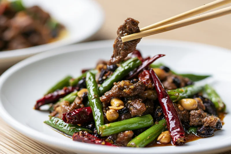 Chopsticks lifting a piece of stir-fried beef above a plate of vegetables and chili sauce
