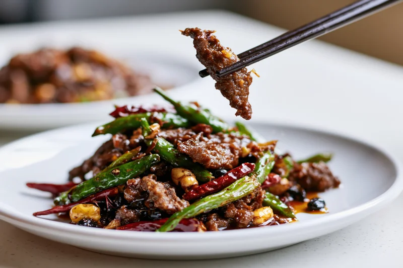 Chopsticks lifting a piece of stir-fried beef above a plate of chinese stir fry with green peppers, red chilies, and peanuts