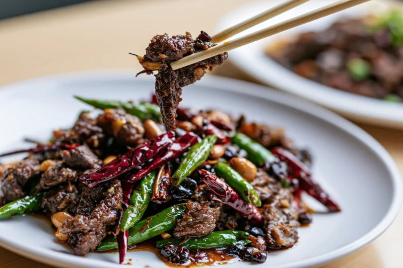 Chopsticks lifting a piece of stir-fried beef above a plate of spicy dish with green peppers and red chilies