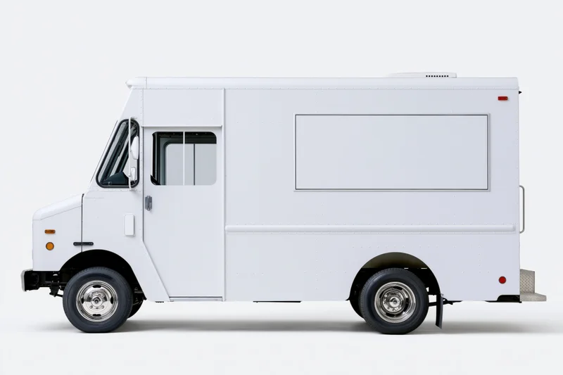 White food truck in side profile view on plain background